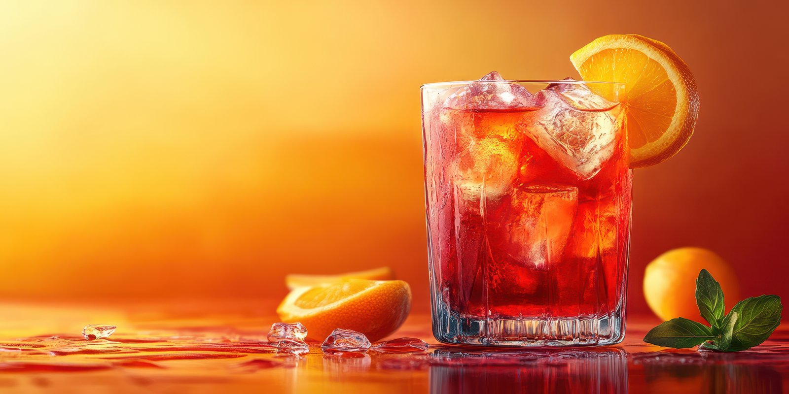 Refreshing summer drink served in a clear glass with ice and citrus garnishes on a vibrant orange background